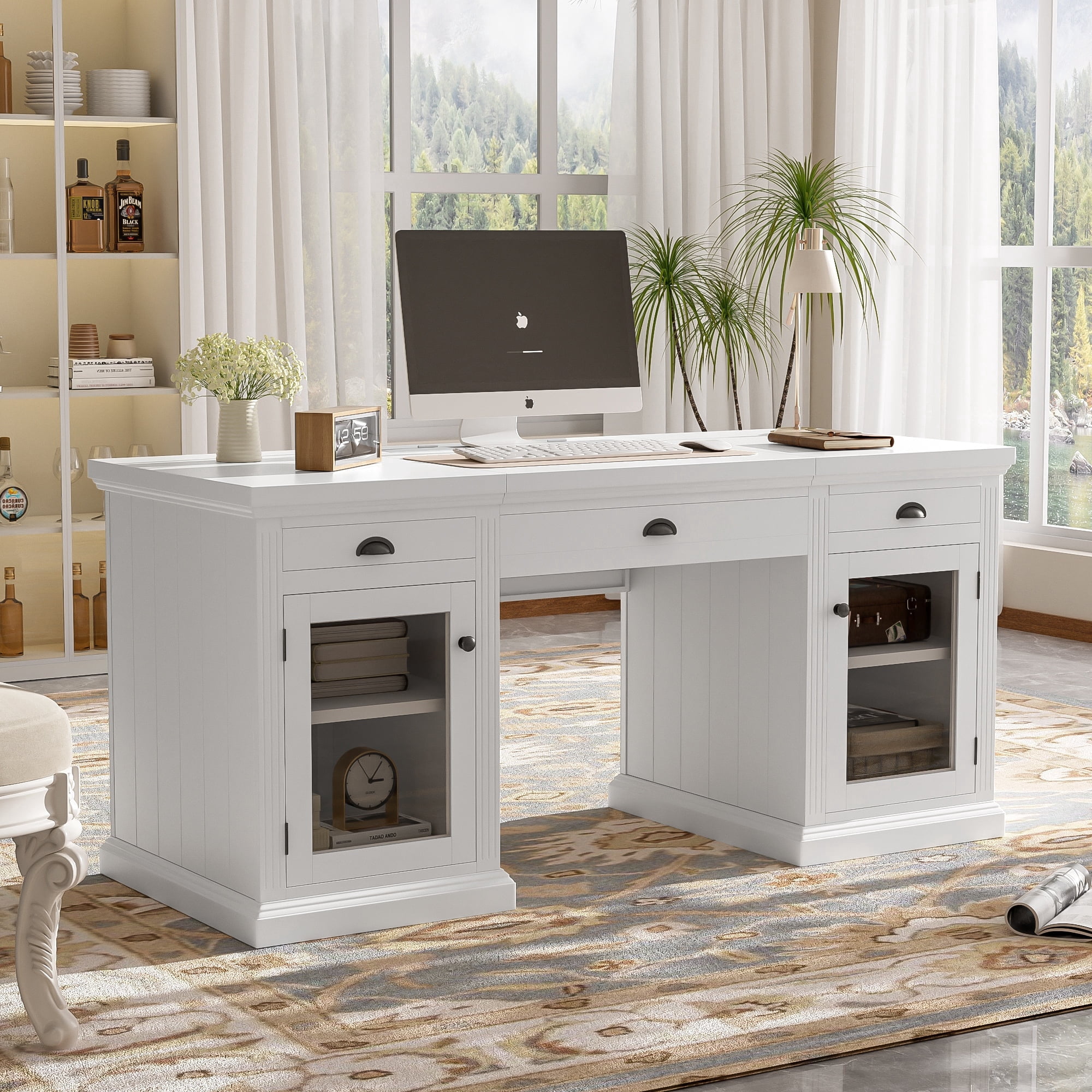 DTTRA 67" Modern Executive Desk with 3 Drawers & 2 Cabinets, Built-in Outlets, White