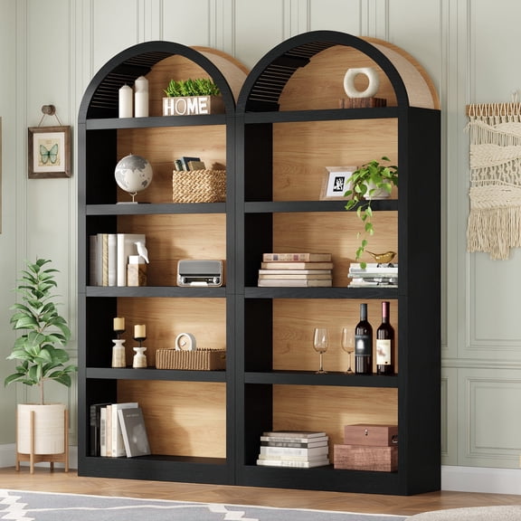 DTTRA 69" Tall Arched Bookshelf Set of 2, 5-Tier Open Display Bookcase with Fabric Top, Black