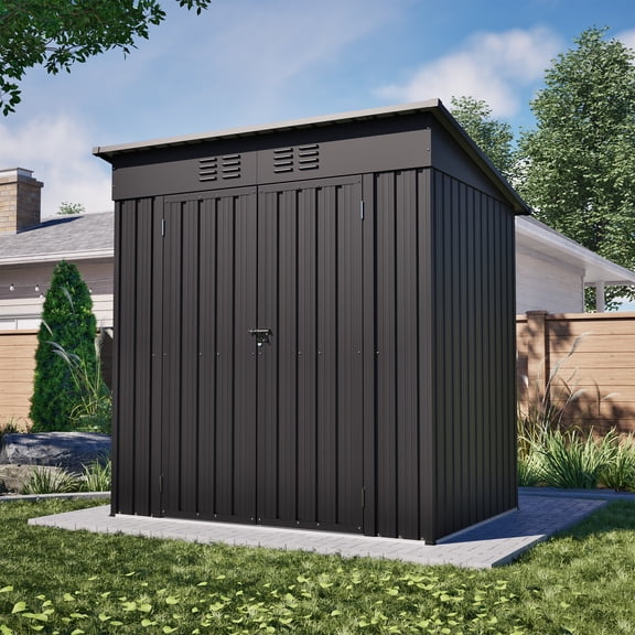 DTTRA 6x4 FT Outdoor Metal Storage Shed with Floor Frame Kit, Galvanized Steel Garden Shed with Lockable Doors and 4 Vents, Weather-Resistant Building Tool Sheds for Backyard Patio Lawn, Black