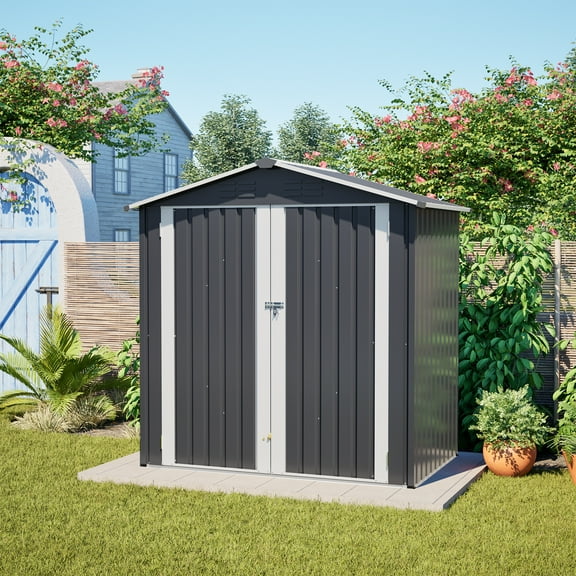 DTTRA 6x4 FT Outdoor Metal Storage Shed with Floor Frame Kit, Galvanized Steel Waterproof Garden Shed with Lockable Doors and 4 Vents, Building Tool Sheds for Backyard Patio Lawn, Black