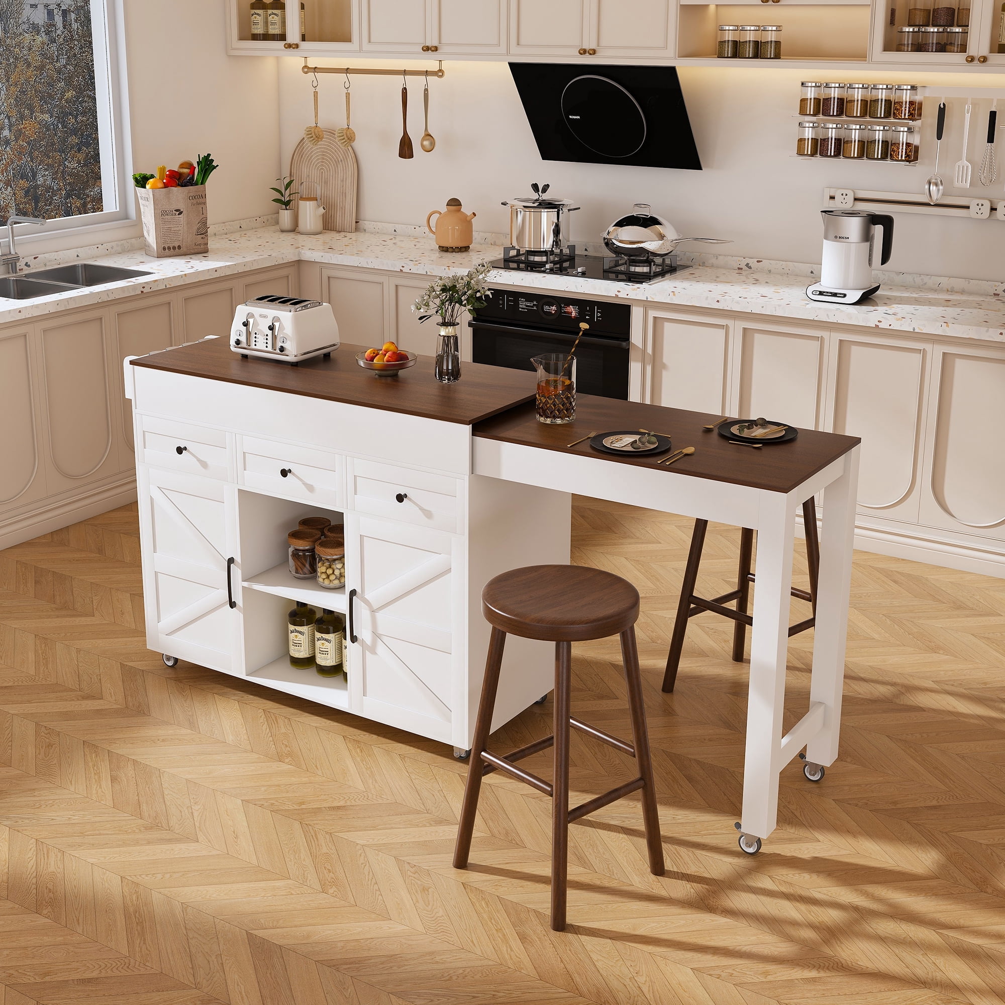 DTTRA 74.8" Rolling Kitchen Island with Extendable Dining Table & Power ...
