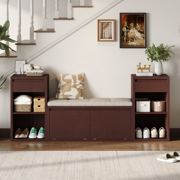 DTTRA 77.48 in Wood All in One Entryway Storage Bench with Cushion, Flip Top Compartments, Drawers and Open Shelves, Espresso
