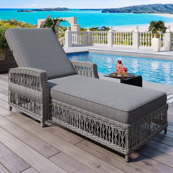 DTTRA 77.5" Outdoor Wicker Chaise Lounge Chair with Armrests, Patio Recliner Sunbed with 4-Position Adjustable Backrest & 4" Thick Removable Cushion for Poolside Garden Backyard, Gray