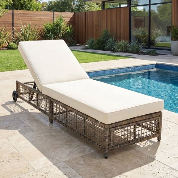 DTTRA 77.8" Wicker Outdoor Chaise Lounge Chair with Wheels, PE Rattan Patio Recliner Sunbed with 5-Position Adjustable Backrest & Washable Cushion for Poolside Deck Garden, Brown
