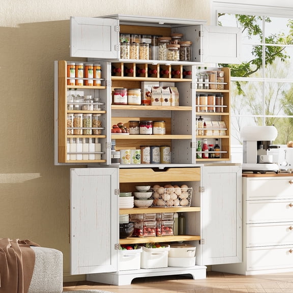 DTTRA 78.2" Tall Farmhouse Kitchen Pantry Cabinet with 8 Door Shelves, Storage Cabinet with 4 Adjustable Shelves, Hidden Drawer, Wine Rack, Versatile Cupboard for Kitchen, Dining & Bathroom, White