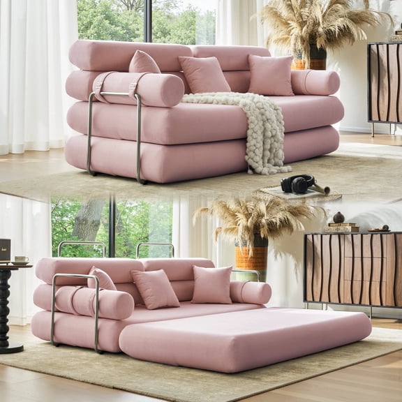 DTTRA 78.7 in Convertible L Shaped Sectional Sofa Bed, Modular Floor Couch with Chenille Fabric and Stainless Steel Frame, Pink