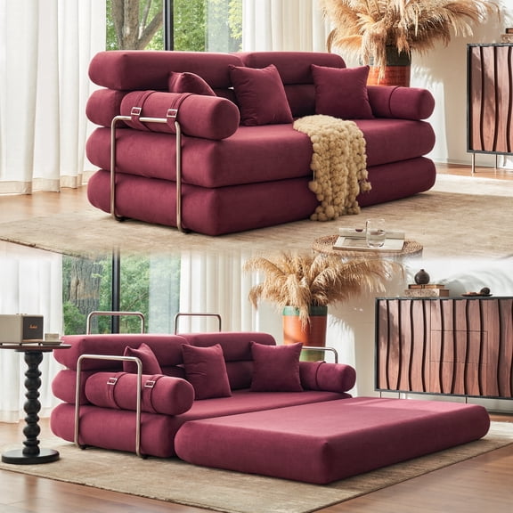 DTTRA 78.7 in Convertible L Shaped Sectional Sofa Bed, Modular Floor Couch with Chenille Fabric and Stainless Steel Frame, Wine Red