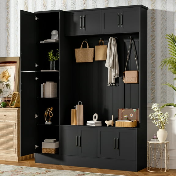 DTTRA 79 Inch Tall Modern Hall Tree with Shoe Storage 4-in-1 Entryway Bench with 6 Storage Cabinets and 4 Coat Hooks Large Mudroom Organizer with Adjustable Shelf for Hallway Living Room Black
