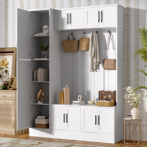 DTTRA 79 Inch Tall Modern Hall Tree with Shoe Storage 4-in-1 Entryway Bench with 6 Storage Cabinets and 4 Coat Hooks Large Mudroom Organizer with Adjustable Shelf for Hallway Living Room White