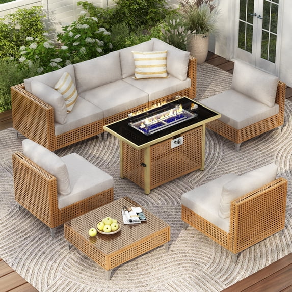 DTTRA 8-Piece Patio Furniture Sectional Set with 43" 60,000 BTU Fire Pit, Beige