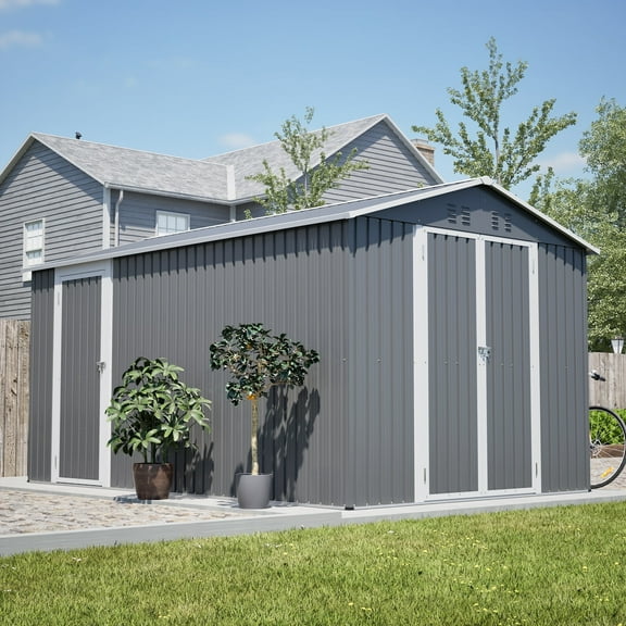 DTTRA 8 x 12 ft Outdoor Metal Storage Shed with Aluminium Floor Frame, Side Door, Vents & Water-Shedding Roof for Backyard Garden Patio