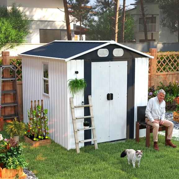 DTTRA 8 x 6 ft Metal Outdoor Storage Shed, Heavy Duty Galvanized Steel Garden Tool House with Lockable Doors, Air Vents and Sloped Roof for Backyard Patio Lawn Equipment, White
