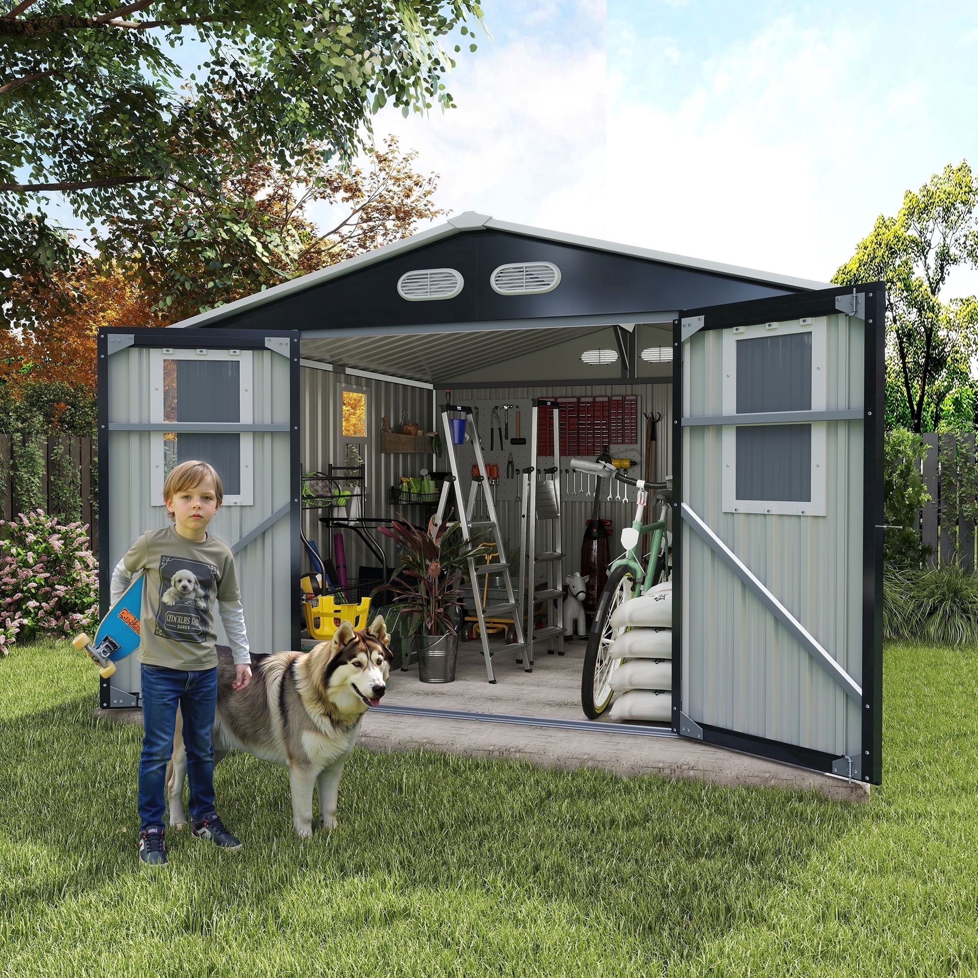 DTTRA 8 x 8 ft Outdoor Metal Storage Shed with 4 Window and Lockable Door, Waterproof Outside Storage Building for Garden, Backyard, Tool Storage Use, Easy to Install, Dark Gray