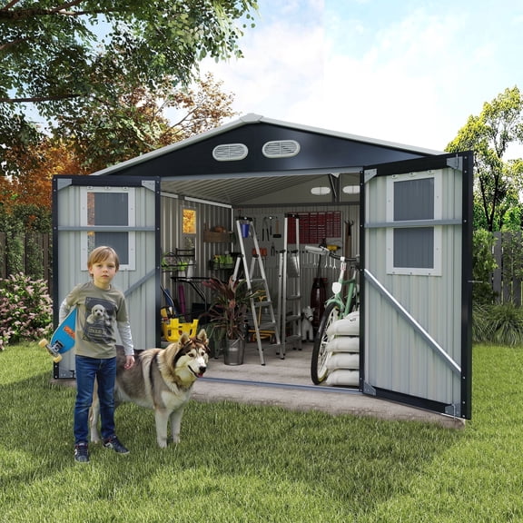 DTTRA 8 x 8 ft Outdoor Metal Storage Shed with 4 Window and Lockable Door, Waterproof Outside Storage Building for Garden, Backyard, Tool Storage Use, Easy to Install, Dark Gray