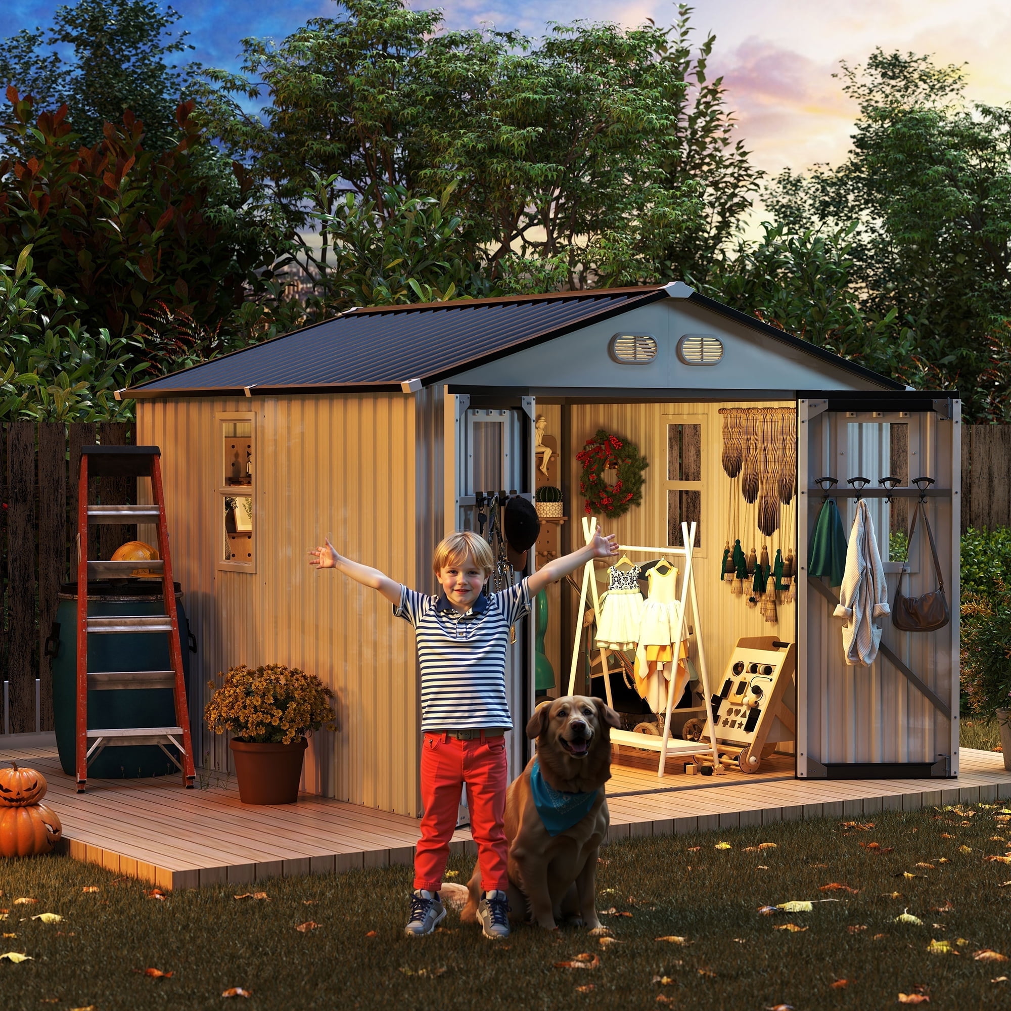 DTTRA 8 x 8 ft Outdoor Metal Storage Shed with 4 Window and Lockable Door, Waterproof Outside Storage Building for Garden, Backyard, Tool Storage Use, Easy to Install, White