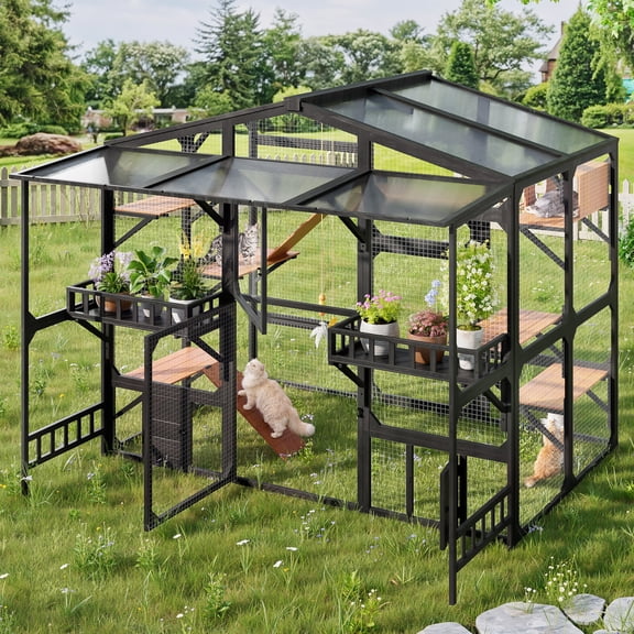 DTTRA 80.3" Large Outdoor Catio with PC Roof, Platforms and Storage Shelves, Black