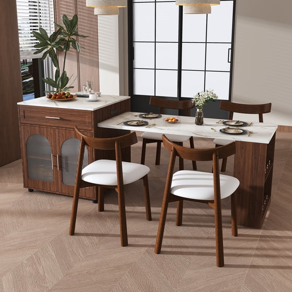 DTTRA 80" Expandable Kitchen Island with 4 Solid Wood Chairs and Storage Cabinet, Walnut
