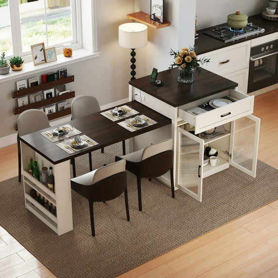 DTTRA 83.1'' Extendable Kitchen Island with Slide-Out Table, Power Outlet & Storage Racks, Tempered Glass Doors, Cream White