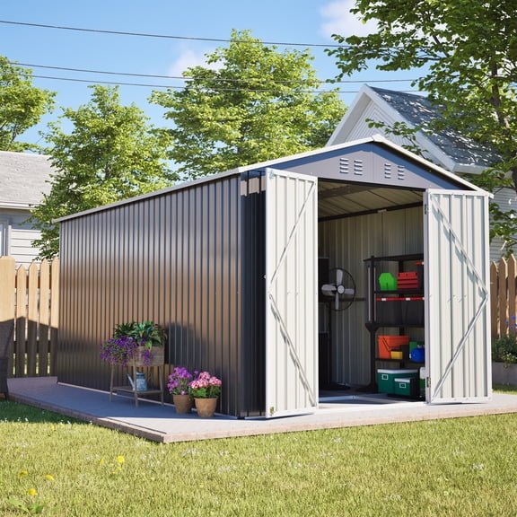 DTTRA 8x12 FT Metal Outdoor Storage Shed, Heavy Duty Aluminum Frame Garden Tool House with Lockable Double Doors, Sloped Roof and Air Vents for Backyard Patio Lawn Equipment, Gray