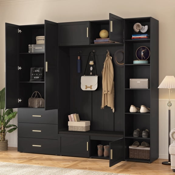 DTTRA 90.6'' H Hall Tree with Padded Bench, Coat Hooks and Adjustable Storage Shelves, Black