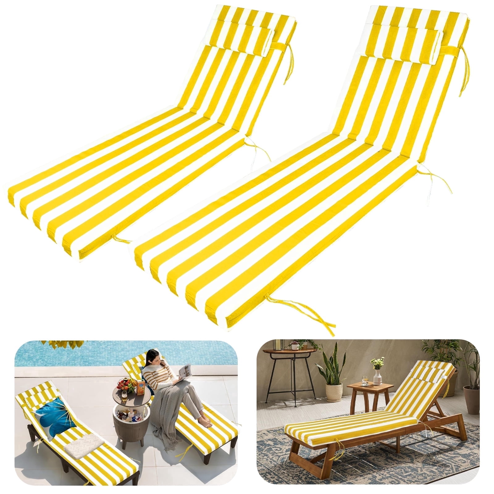 DTTRA Chaise Lounge Cushions Outdoor, 72 x 21 x 3 Inch, Waterproof Lounge Chair Cushion for Outdoor Furniture, Patio Lounger Pads with Removable Cover Ties Pillow for Pool, Garden Loungers