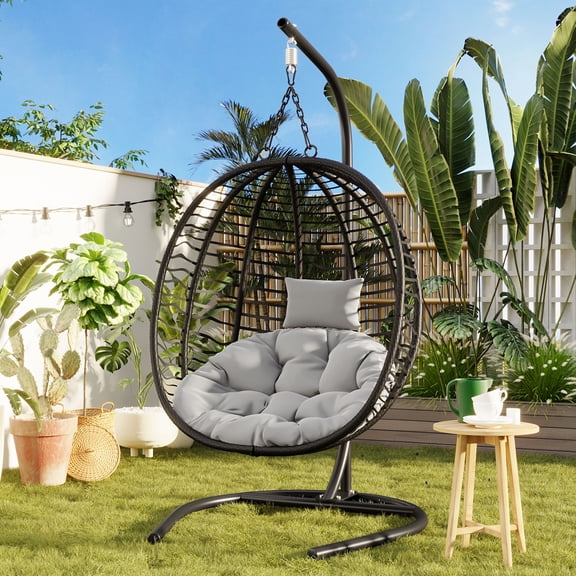 DTTRA Foldable Hanging Egg Chair with Stand, Wicker Swing Chair, Black+Beige