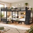 thumbnail image 1 of DTTRA Quad Twin Metal Bunk Bed Frame for 4 Sleepers, Built-In Wardrobe, Open Shelves and 5 Fabric Drawers, Black, 1 of 8
