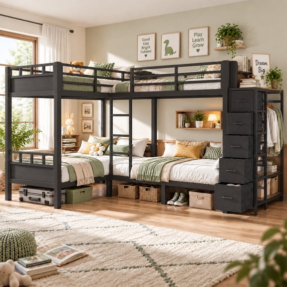 DTTRA Quad Twin Metal Bunk Bed Frame for 4 Sleepers, Built-In Wardrobe, Open Shelves and 5 Fabric Drawers, Black