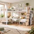 thumbnail image 1 of DTTRA Quad Twin Metal Bunk Bed Frame for 4 Sleepers, Built-In Wardrobe, Open Shelves and 5 Fabric Drawers, White, 1 of 8