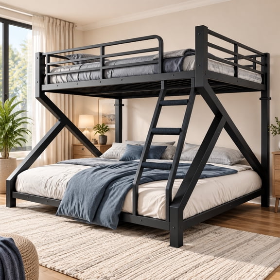 DTTRA Queen Over King Metal Bunk Bed with Integrated Ladders and Heavy Duty Support Slats, Low Profile Frame, Black