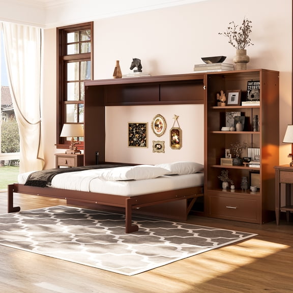 DTTRA Queen Wood Murphy Bed Cabinet with Adjustable Storage Shelves & Drawer, Walnut