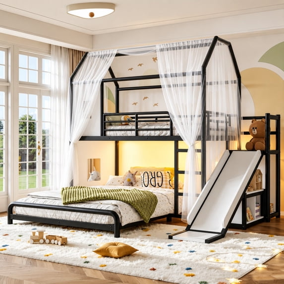 DTTRA Twin over Full Playhouse Metal Bunk Bed with Slide, Ladder, LED Light & Storage Cabinet, Black
