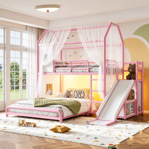 DTTRA Twin over Full Playhouse Metal Bunk Bed with Slide, Ladder, LED Light & Storage Cabinet, Pink