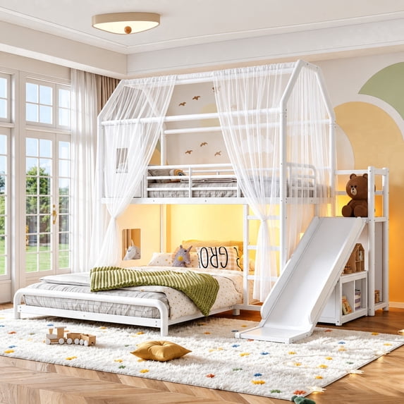 DTTRA Twin over Full Playhouse Metal Bunk Bed with Slide, Ladder, LED Light & Storage Cabinet, White