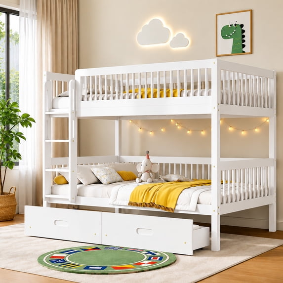 DTTRA Twin over Twin Convertible Bunk Bed with 2 Storage Drawers & Safety Handrails, White