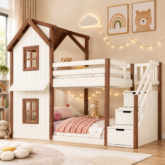 DTTRA Twin over Twin House Bunk Bed with Storage Stairs & Convertible Lower Space, Beige & Natural