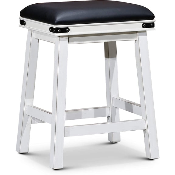 DTY Indoor Living  Bonded Leather Stool, White Finish, 24" Counter Height, Black Leather Seat