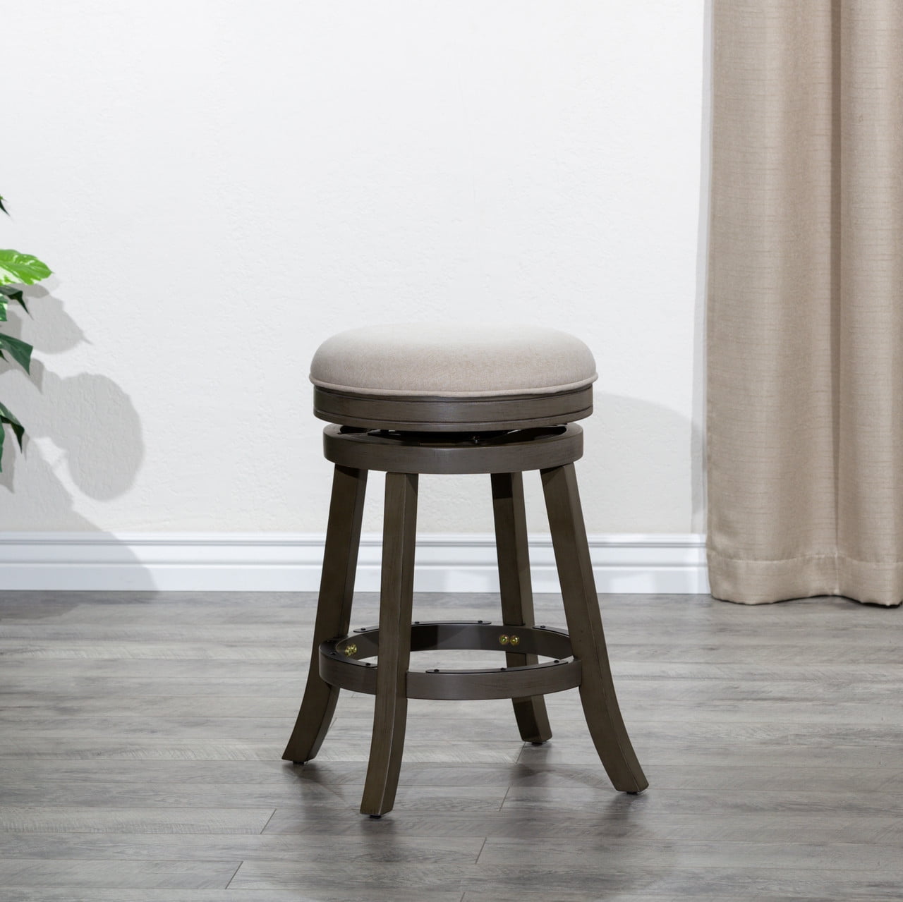 24" Beige Fabric Backless Swivel Saddle Wood Stool
