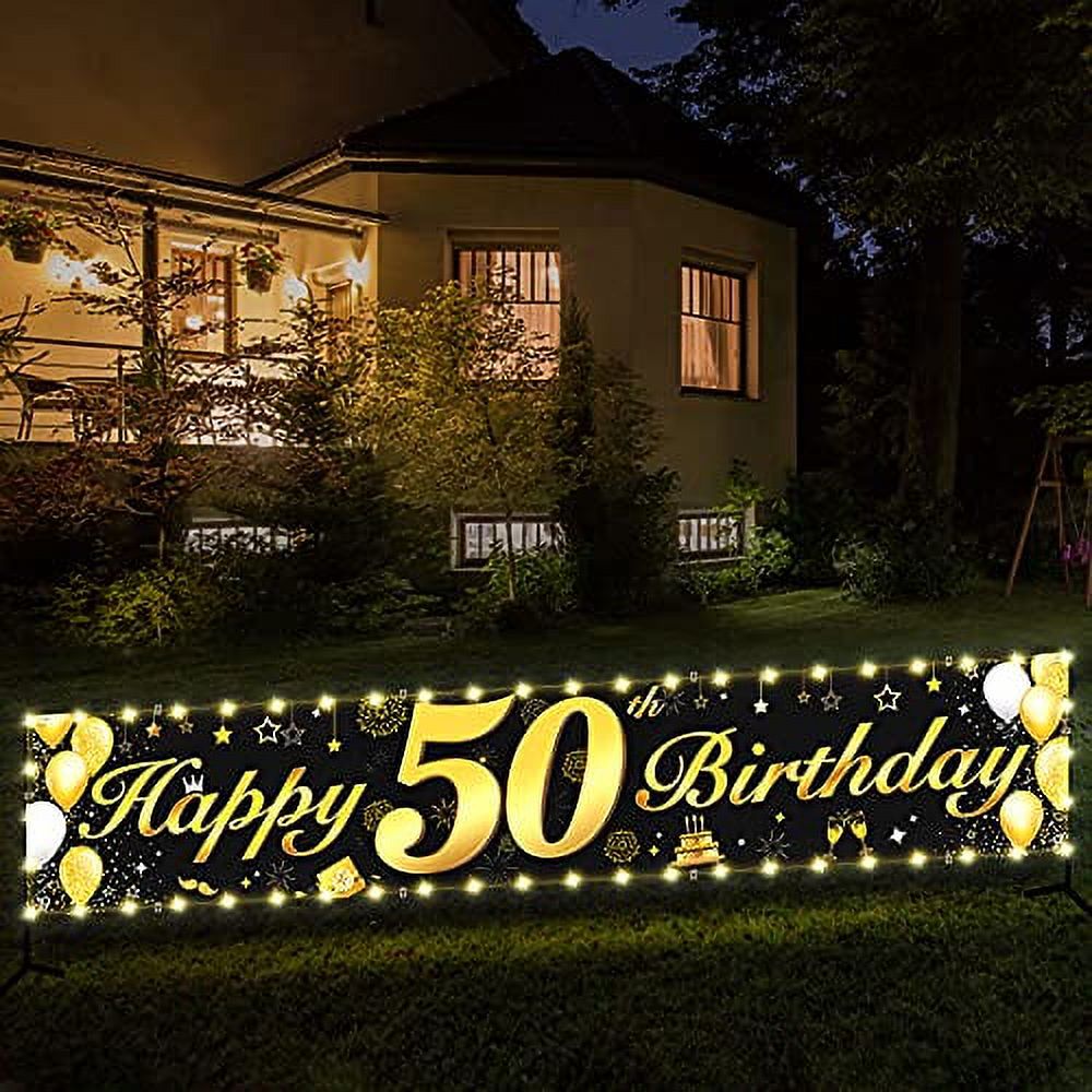 Happy 50th Birthday Banner - Black & Gold Glitter Yard Sign Backdrop For 50th Party Decorations | 80x15 Inch Durable Fabric