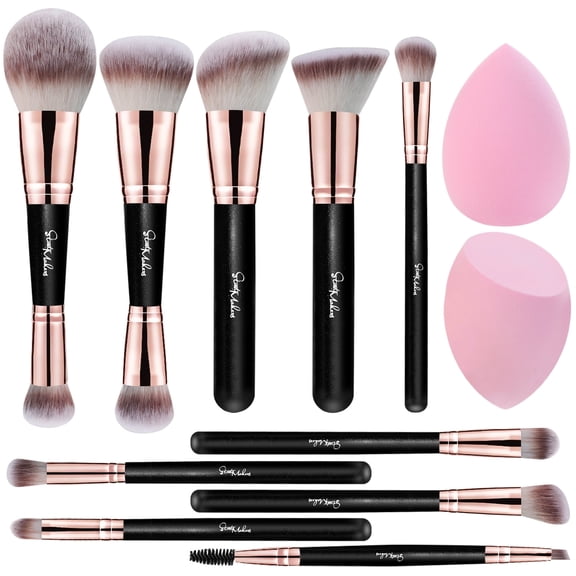 DUAIU 10Pcs Makeup Brush Set (2 Dual-End) + 2 Pink Sponges - Foundation, Blush, Concealer & Eyeshadow Brushes - Xmas/Valentine Gift (Black)
