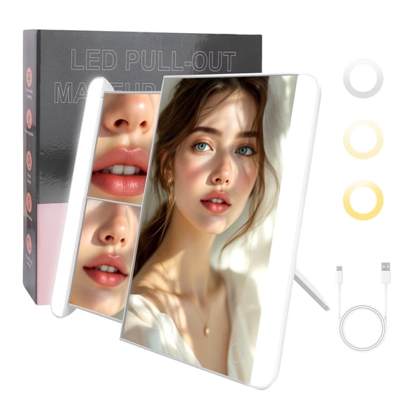 DUAIU 10x12 inch Lighted Makeup Mirror with 2X/5X Magnification Stretchable Vanity Mirror with Touch Control, Adjustable Brightness, Portable Travel Mirror for Bathroom & Dressing Table
