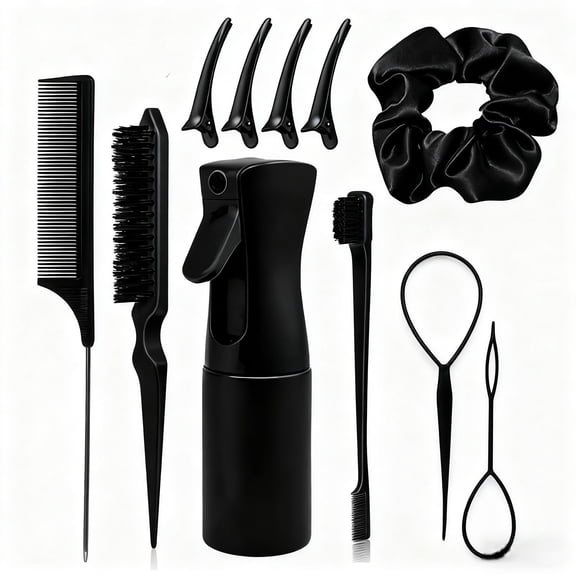 DUAIU 11-Piece Hair Brush Set ,Slick & Edge Brushing Kit,Includes Bristle Brush,Hair Band,Teasing Comb,Rat Tail Comb, Alligator Clips,Styling Essentials for Curly/Straight Hair (Black)