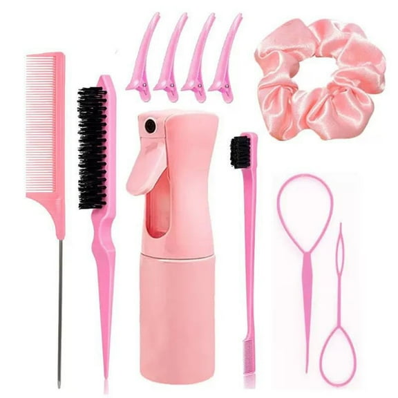 DUAIU 11-Piece Hair Brush Set for Women,Slick & Edge Brushing Kit,Includes Bristle Brush,Hair Band,Teasing Comb,Rat Tail Comb, Alligator Clips,Styling Essentials for Curly/Straight Hair (Pink)