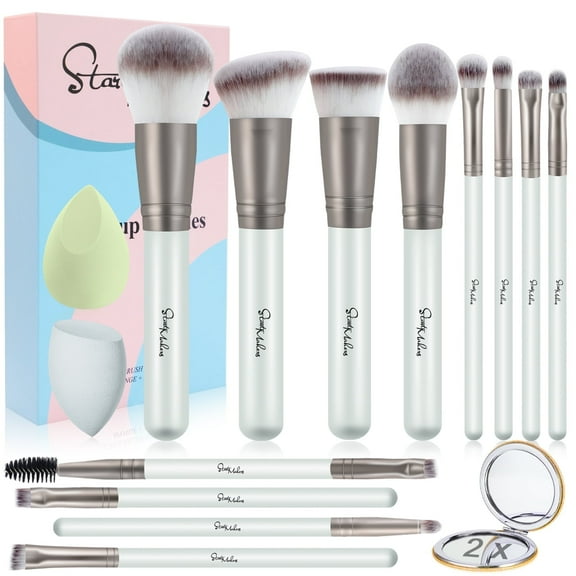 DUAIU 12-Piece Makeup Brush Set with Mirror & Mesh Storage Bag - Professional Cosmetic Foundation Blending Eye Shadow Brushes Kit for Face & Eyes (Grey)