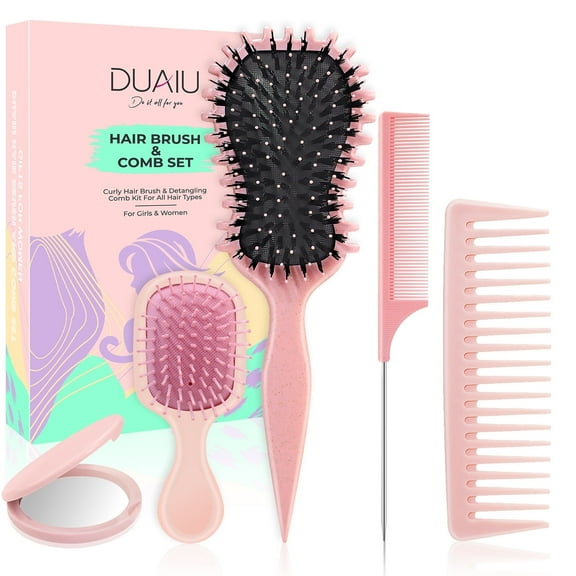 DUAIU 5-Piece Hair Brush & Comb Set - Detangling Brush, Wide Tooth Comb, Curling Comb & Tail Comb with Mini Mirror | Hair Care Gift Set for Women/Teen Girls/Kids (Includes Gift Box)