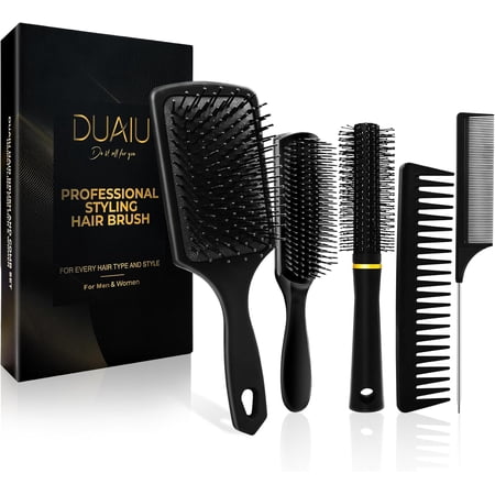 DUAIU 5-Piece Hair Brush Set - Paddle Brush, Round Quiff & Wide Tooth Combs for Men/Women | Wet/Dry Use on Curly/Thick/Thin Hair | No-Tangle Styling Tools (Includes Rat Tail Comb)