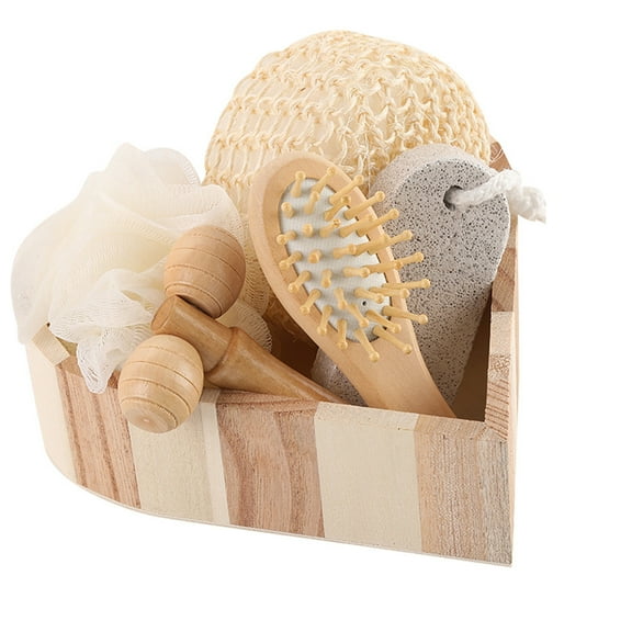 DUAIU 6-Piece Ball Tool & Skincare Set with Wooden Box - Body & Foot Scrubber, Face Massage Roller, Hair Brush & Exfoliation Tools - Home Spa & Travel Gift Basket for Women