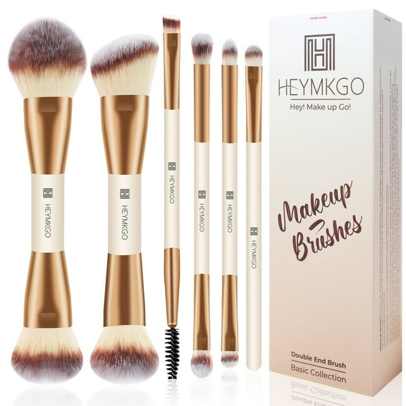 DUAIU 6Pcs Dual-End Makeup Brush Set - Foundation & Contour Brushes, Synthetic Vegan Face Kit with Pouch, Blending & Powder Tools (Apricot)