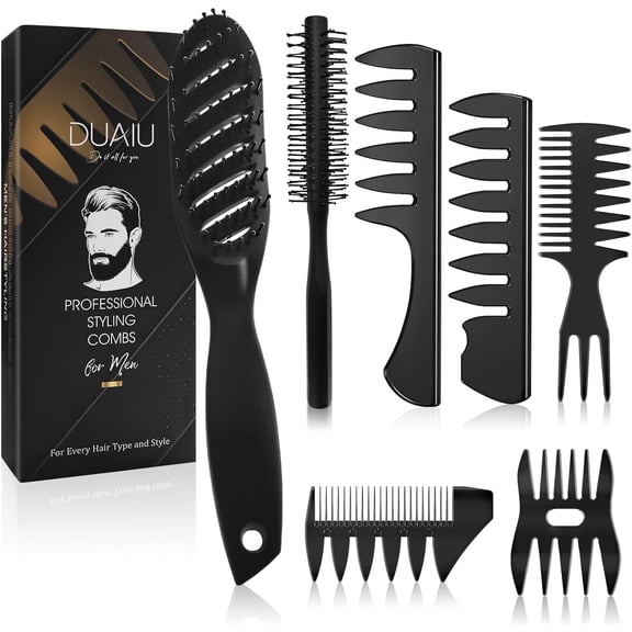 DUAIU 7Pcs Men's Hair Styling Set: Vent Brush, Round Brush, Wide-tooth Comb, Texture Comb for Blow Drying, Detangling, Grooming, and Hairdressing, Gift for Men