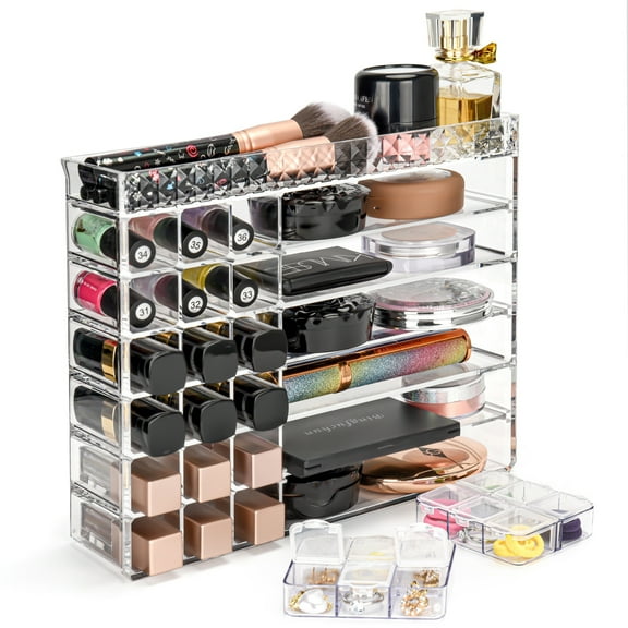 DUAIU Clear Cosmetic Makeup Organizer Display Case - Makeup Brush Holder Perfume Organizers with 2pcs Jewelry Organizer for Lipstick Lotions Eyeshadow Nail Polish